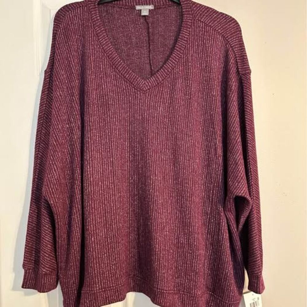 Falls Creek Women’s 3X Burgundy V Neck Ribbed Sweater Plus Size NWT